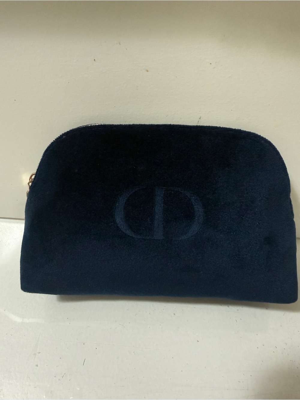 Christine Dior Velvet Cosmetic Pouch with Embossed 'CD' Logo - Navy